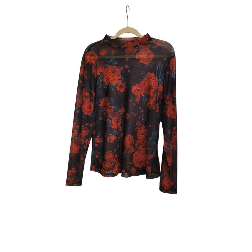Soly Hux Red Rose Floral Sheer Mesh Mock Neck Top Womens 3XL Plus New